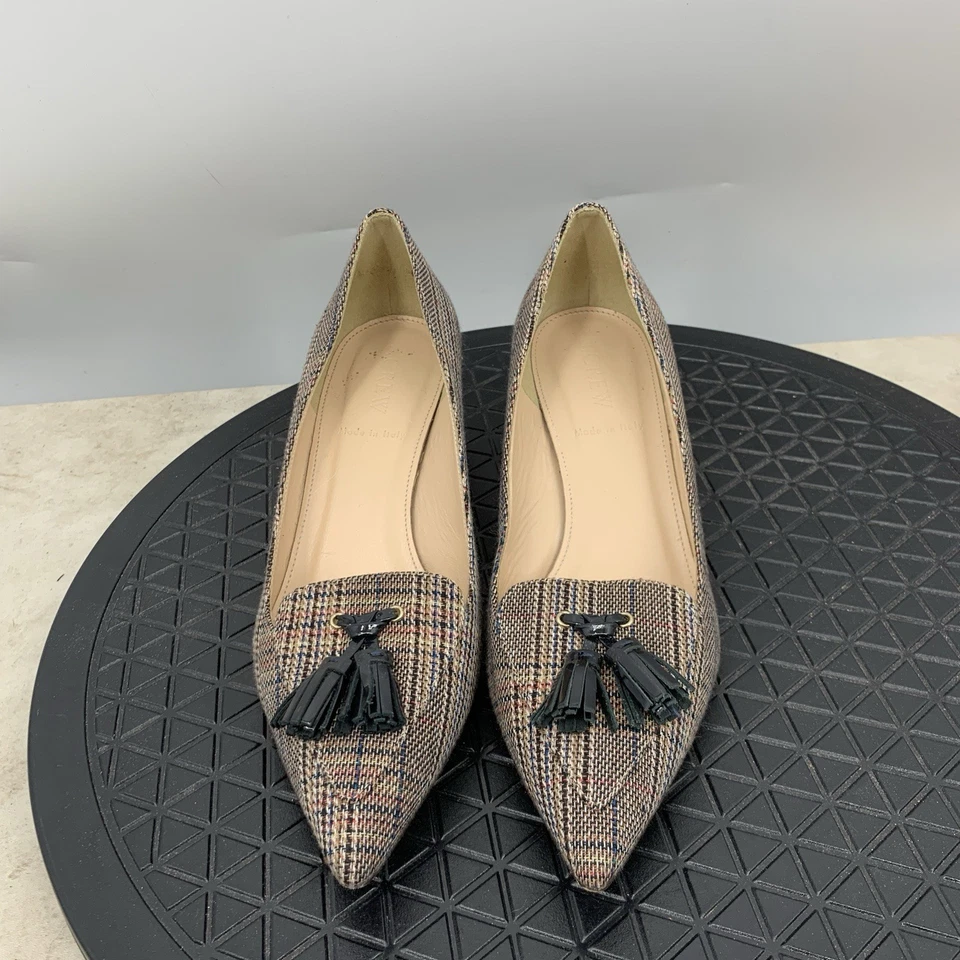 Zapatos de tacón J Crew para mujer talla 6 marrón a cuadros borla Avery punta sin cordones Foto 2 de 4