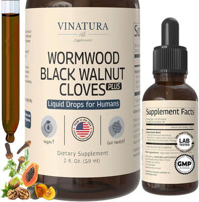 VINATURA Wormwood Black Walnut Cloves Liquid, Cleanse, Detox for Humans, 2 Fl Oz