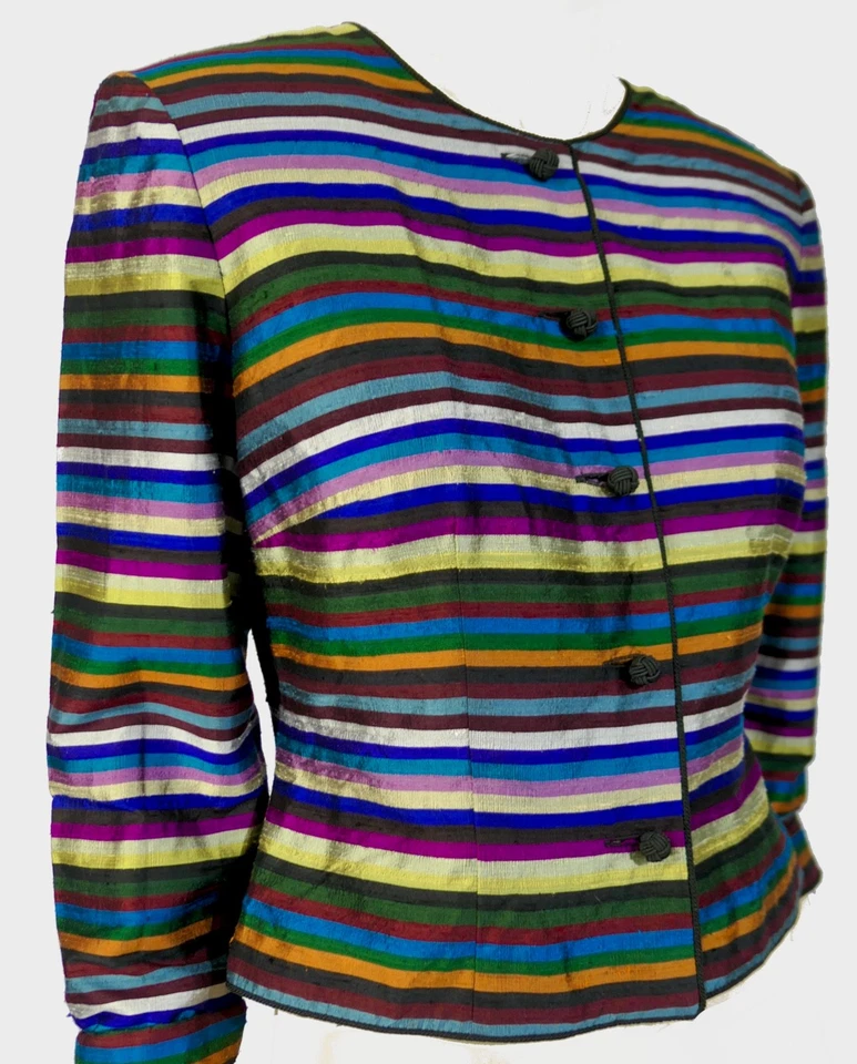 Maggy London Silk Striped Cropped Tailored Frog Button Vtg Y2K Size S - Image 2 of 4