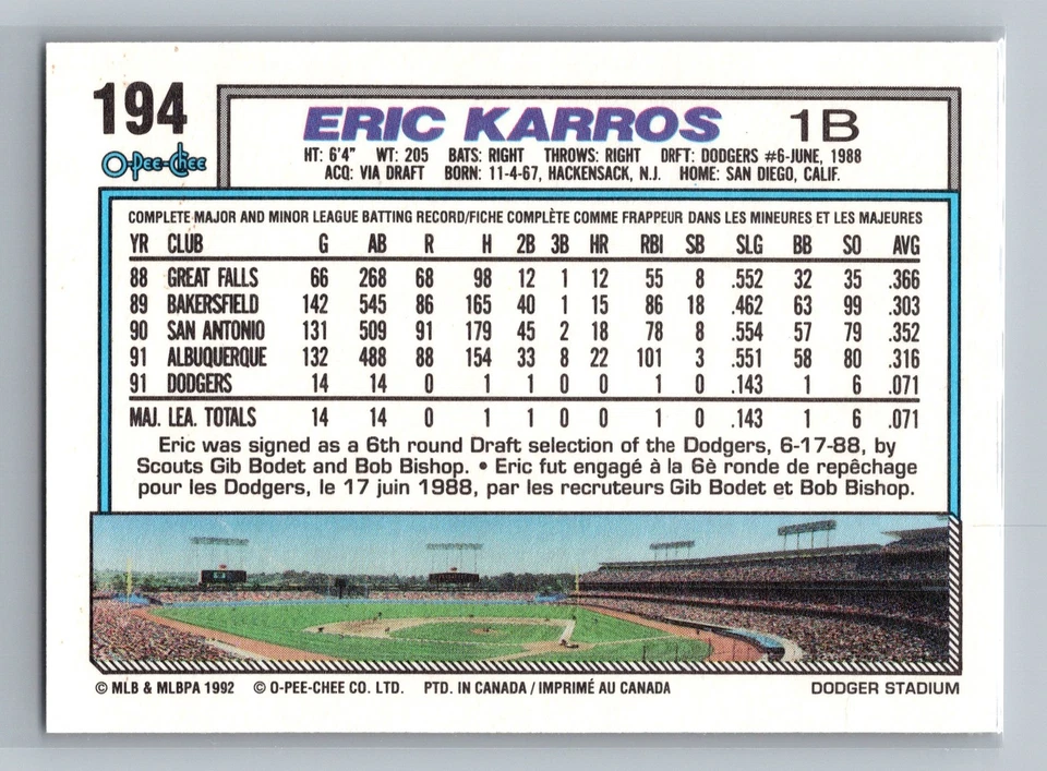 1992 O-Pee-Chee #194 Eric Karros Los Angeles Dodgers - Image 2 of 2