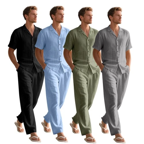 Mens Summer Outfit 2-Piece Set Short Sleeve Button Shirts and Pants Sweatsuit