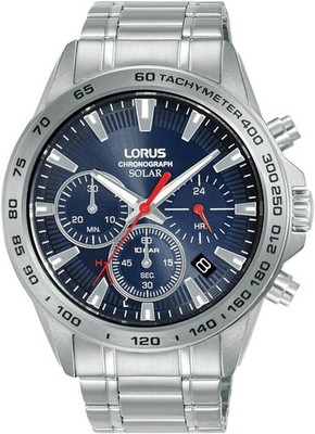 Lorus Herren Solar Chronograph Uhr mit blauem Zifferblatt und silbernem Armband RZ503AX9