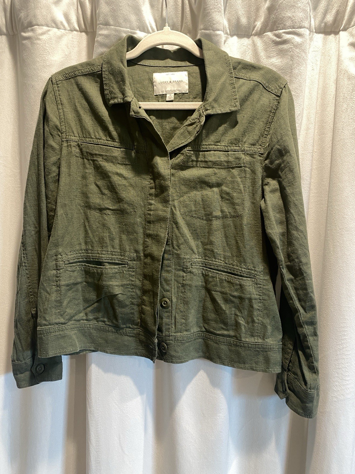 Lucky Brand Women's M Olive Green Short Shirt Jacket Button  Pockets Linen
