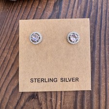 Sterling Silver 925 Amethyst  CZ Stud Earrings New