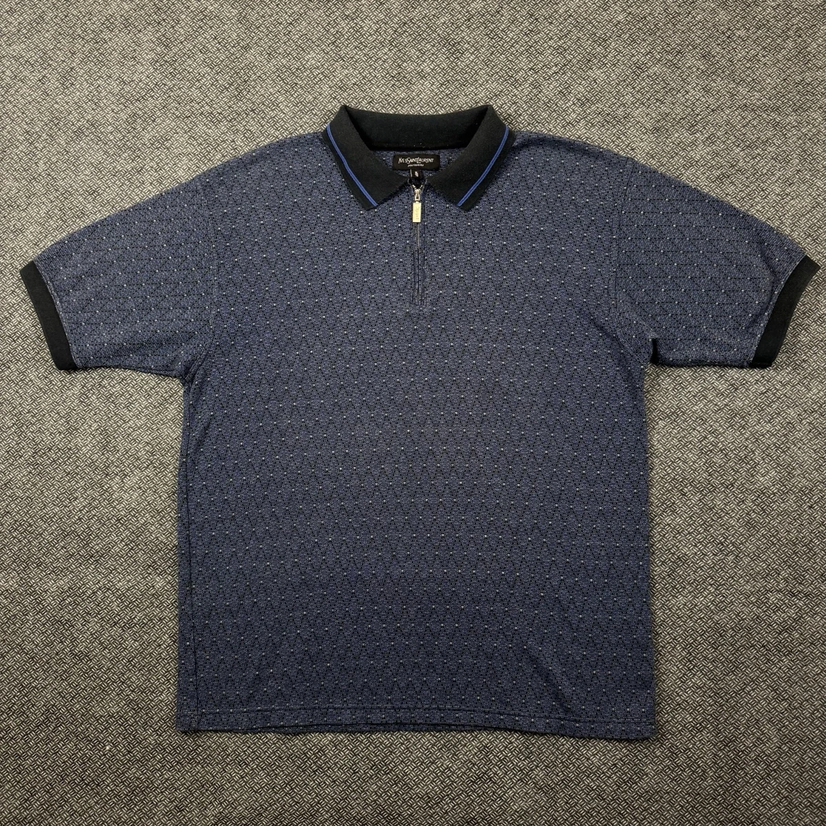 Vintage YSL Yves Saint Laurent Pour Homme 1/4 Zip Polo Shirt Blue