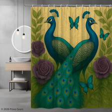 Peacock Shower Curtain with Butterflies and Floral Design