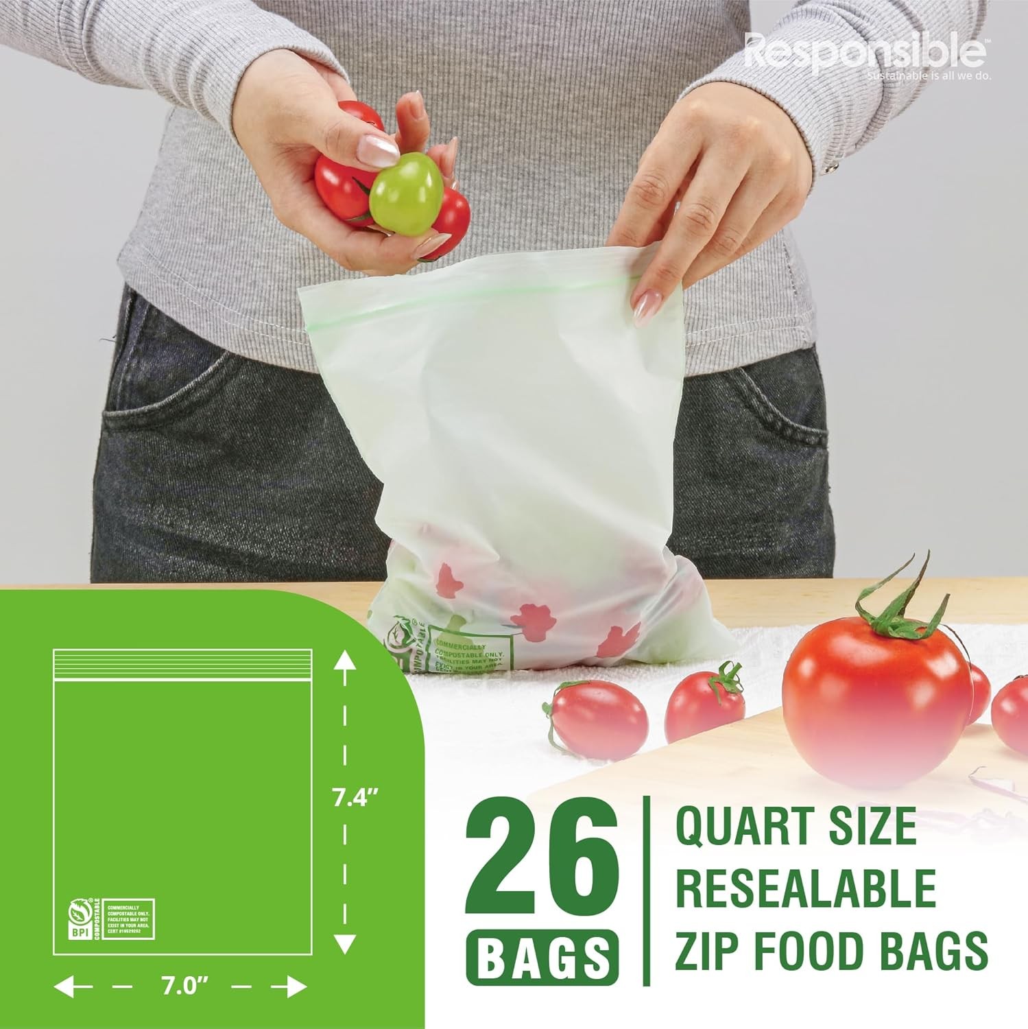 26 Compostable Quart Zip Bags – Plant-Based, Freezer-Safe, Extra Strength