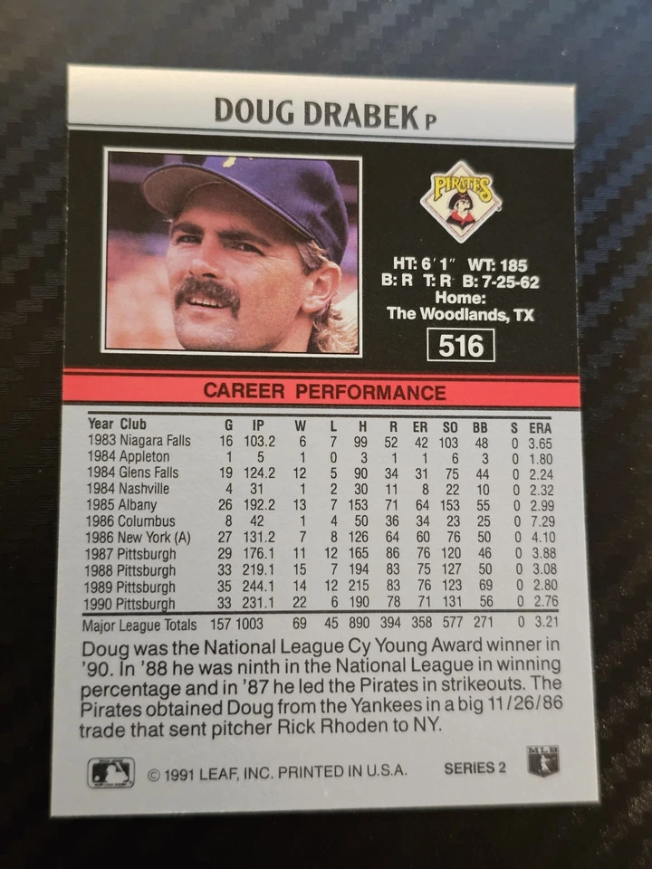 1991 Leaf - Doug Drabek #516 Pittsburgh Pirates  - Image 2 of 2