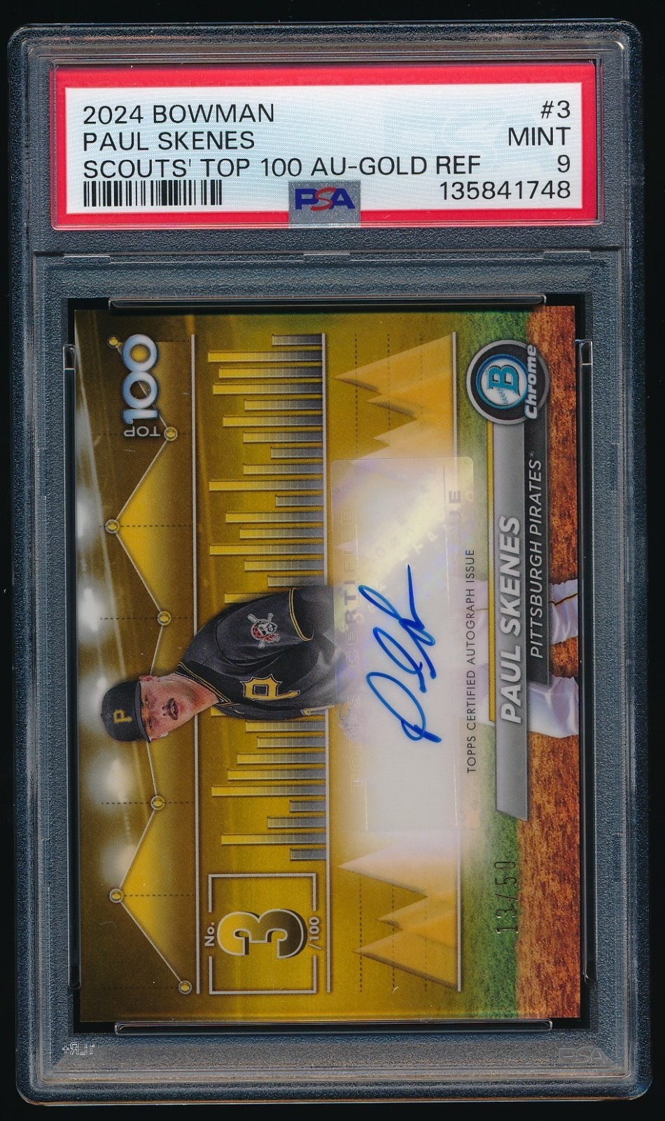 Paul Skenes 2024 Bowman Scouts Top 100 Gold Refractor Auto /50 PSA 9