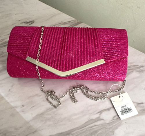 Fuchsia Glitter Pleated Clutch Bag Silver Chain Detachable Crossbody Strap