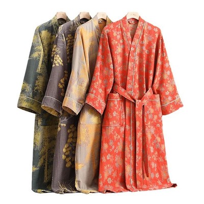 Spring Summer Pure Cotton Double Layers Gauze Bathrobe Thin Dyed Fabric Home Clo