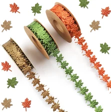 3 Rolls 15 Yards Fall Ribbons, Green Brown Orange Thanksgiving Ribbons Maple Lea