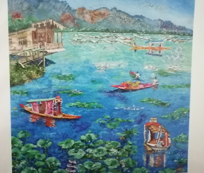 CHERYL D BRAIN schottischer Kunstdruck signiert Shikaras am Dal Lake Kaschmir Cadburys