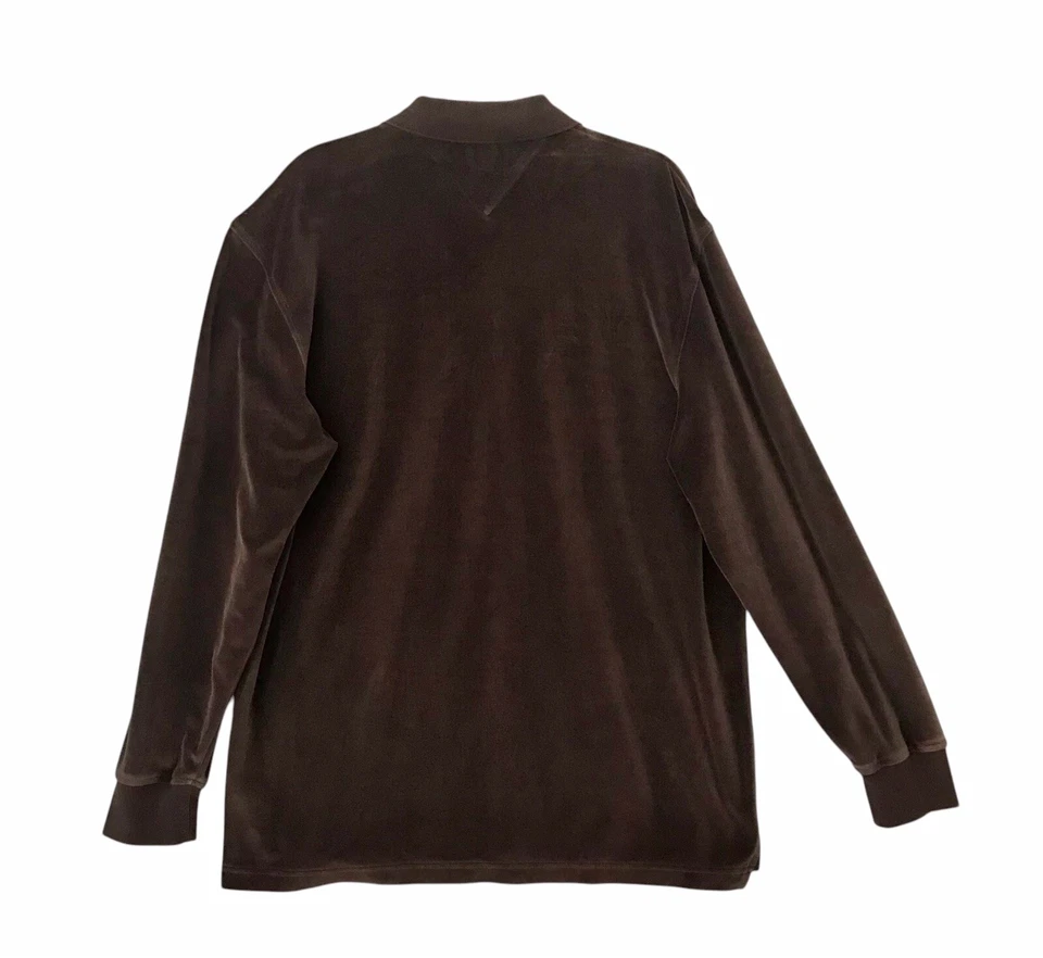 Camisa polo masculina vintage Tommy Hilfiger manga longa veludo logotipo marrom chocolate GG - Imagem 3 de 4