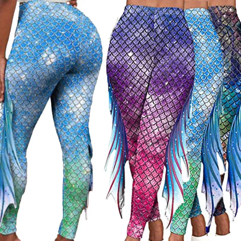 Women Mermaid Yoga Print Fish Scale Trousers High Waisted Pants Halloween  Tights