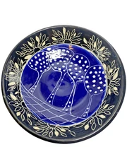 Vintage Art Pottery Stoneware Clay Glazed Blue Round Bowl 8.5" Signed SWS