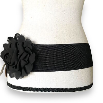 Francesca s Chiffon Rose Stretch Belt Size S/M Black Wide Elastic Faux Leather