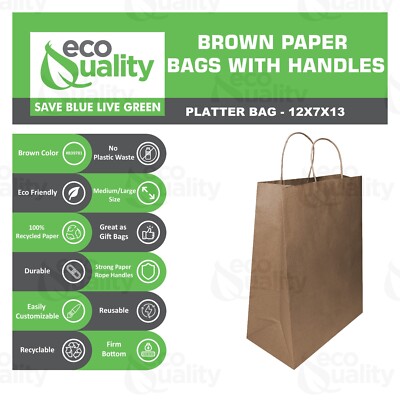 12x7x13 Large Kraft Paper Gift Grocery Bags with Twine Handles