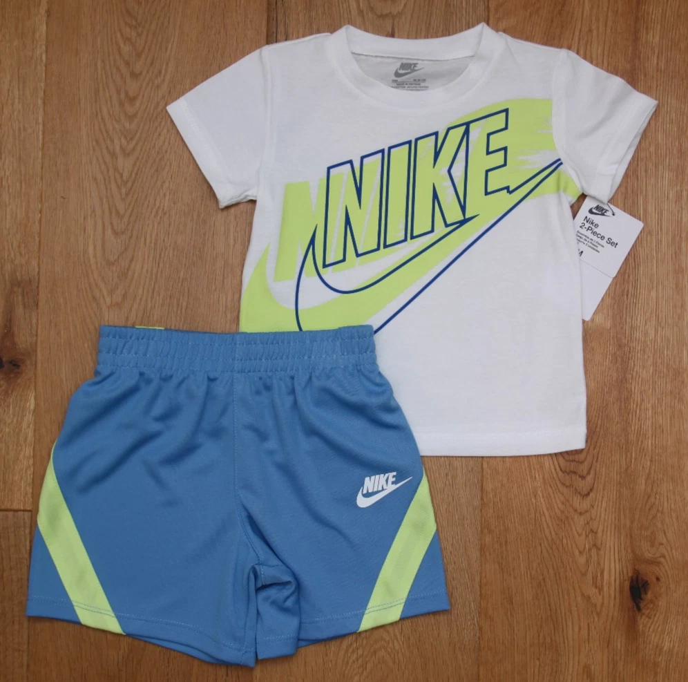 Nike Baby Boy 2 Piece Shirt & Shorts Set ~ DRI-FIT ~ White, Blue & Volt ~ 24M