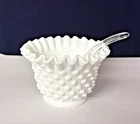 Vintage Fenton Milk Glass Hobnail Mayonnaise Bowl With Ruffled Edge And Spoon