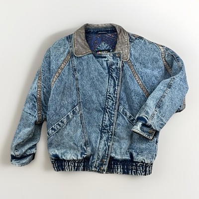 Vintage Andy Johns Heavy Bomber Denim Jean Jacket Leather Collar Size M