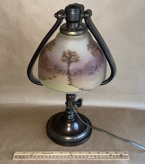 Antique Reverse Painted Glass Shade Brass Harp Bryant Table Boudour Lamp