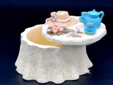 Vintage Decorative Trinket Box with Miniature Tea Set Hat and Floral Accents