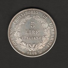 GOVERNO PROVVISORIO DI LOMBARDIA 5 LIRE 1848 ARG.925 GR. 25 RICONIO