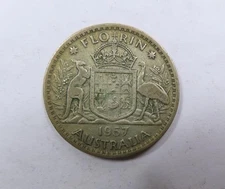 Australia Early Queen Elizabeth II Silver Florin 1957 Kangaroo & Emu SCARCE