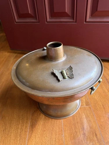 Mid Century Metal Korean Hot Pot Table Top Chafing Dish Handles Lid Butterflies