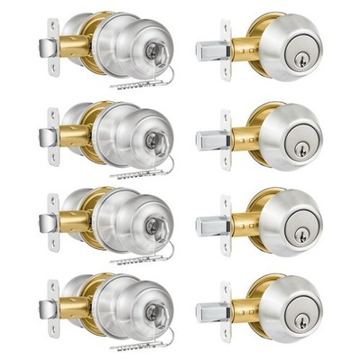 Plustool 4 Pack Exterior Door Lock Set, Satin Nickel Door Knob and Deadbolt C...