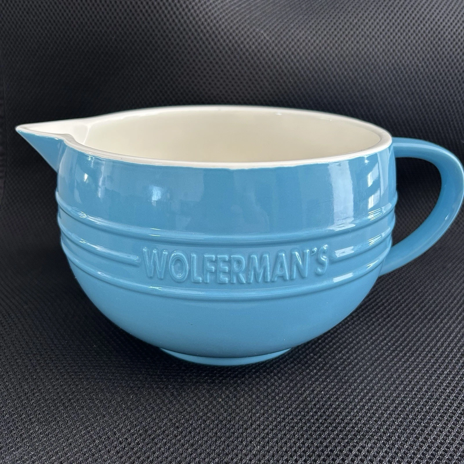 Wolferman's Blue Mixing Bowl Pitcher Pour Spout Handle Ceramic Bake Cook Kitchen