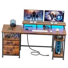  61" Computer Desk with Power Outlet and LED 61in with Outlets Rustic Brown
