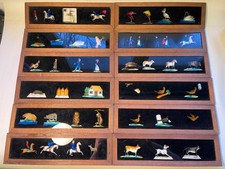 12x Antik Platten Holz Glas Laterna Magica Bild Schieber 19. Jh Biedermeier