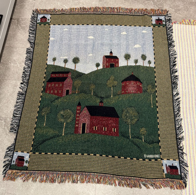 Red Barn Farmhouse Country Folk Art Tapestry by Warren Kimble  Fringed Throw EUC