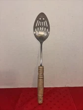 Vintage Stainless Steel Wood Handle Slotted Serving Spoon - USA