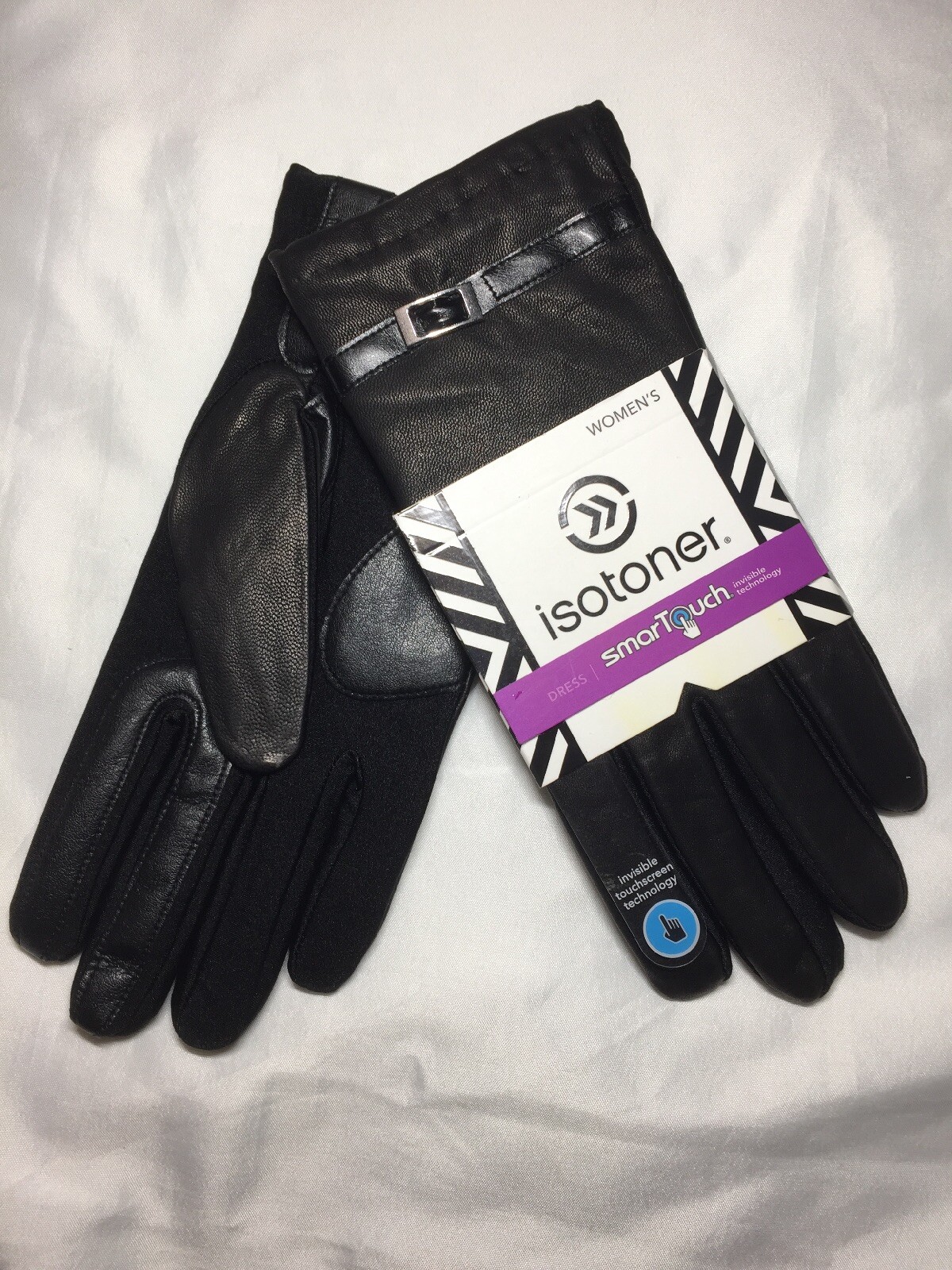 Isotoner Women's Smartouch Stretch Leather Glove with Partial Back Gather Black M/L