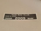 HONDA CR250R 2005 Model  Frame Tag Sticker Honda size 92 x 21 mm LAMINATE foil