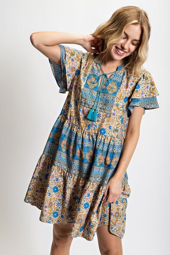 GiGiO Women's Boho Floral Print Tassel-Tie Neck Mini Dress - Bild 1 von 8