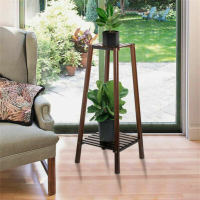 2 Tier Wood Tall Plant Stand Pots Holder Small Space Table Garden Planter Brown
