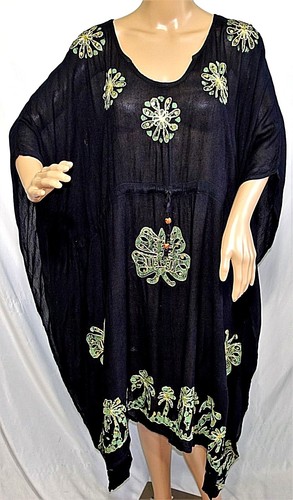 Just Love Women Plus One Free Size Black Green Sequin Tie Dye Kaftan Dress Tunic - Picture 2 of 12