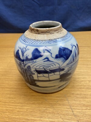 Antique Chinese Stoneware Qing Ming Blue White 6  Ginger Jar