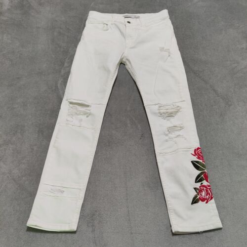 Zara Man Floral Distressed White Pants with Embroidered Rose F - W31 x L29 - Afbeelding 1 van 8