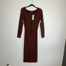 All In Favor Womens Long Sleeve Sweater Dress Cut Out Stomach Coffee Color XL