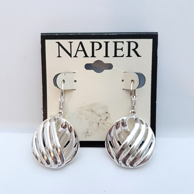 Napier Dangle Earrings Polished Silver Tone Curved Round Discs Leverback New