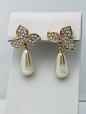 Signed Kenneth J Lane Vintage Faux Pearl 56 Crystals Drop Pierced Earrings KJL - Image 1 of 4
