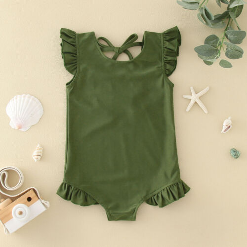 Toddler Girls Summer Sleeveless Solid Colour Ruffles Swimwear Swimsuit Bikini - Picture 17 of 29