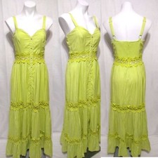 Fashion Nova Lime Green Sheer Crochet Trim Boho Tiered Maxi Dress Large Summer 