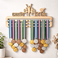 Running Crossed The Line Wooden Medal Hanger Sports Medal Holder Marathon Runner