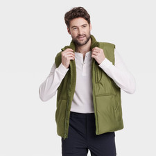 All In Motion Men's Puffer Vest Sleeveless Jacket Recycled Front Pocket L Green